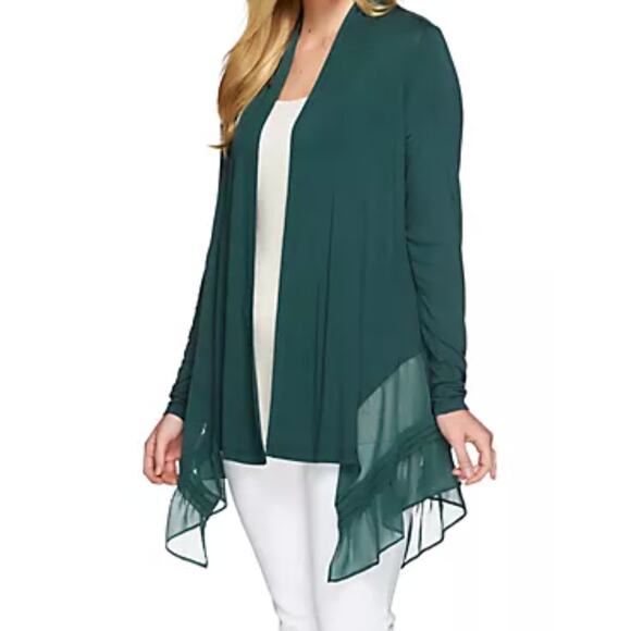 LOGO by Lori Goldstein Brick Jersey Cardigan Chiffon Ruffle Hemline Womens 2XS - Picture 10 of 12
